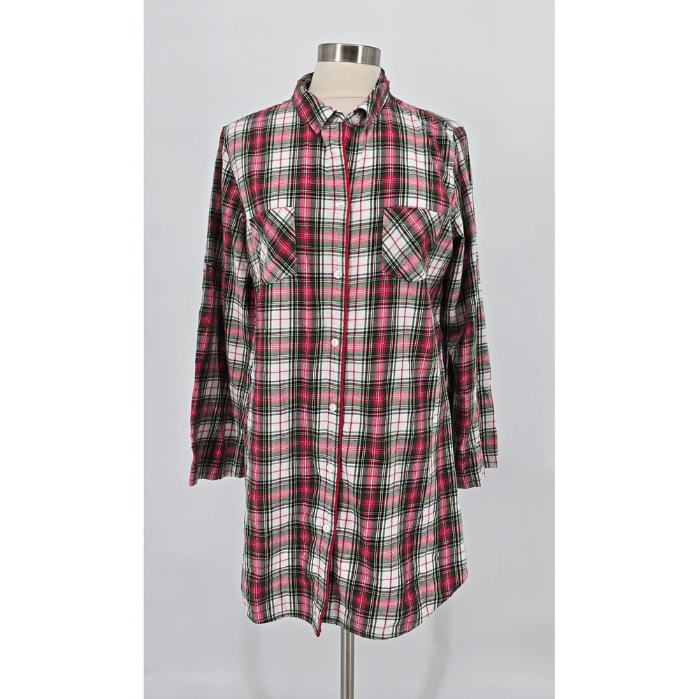 Victoria's Secret Sz Large Christmas Plaid Nightshirt Button Front Flannel